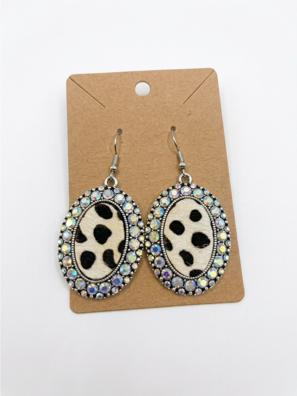 Iridescent Crystal Leopard Oval Drop Earrings - White/Black